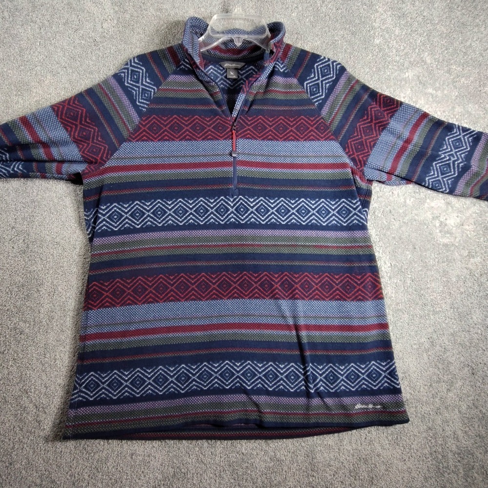 Eddie Bauer Men's Sweater XL Blue Fleece 1/4 Zip Aztec Stripe Raglan Pullover